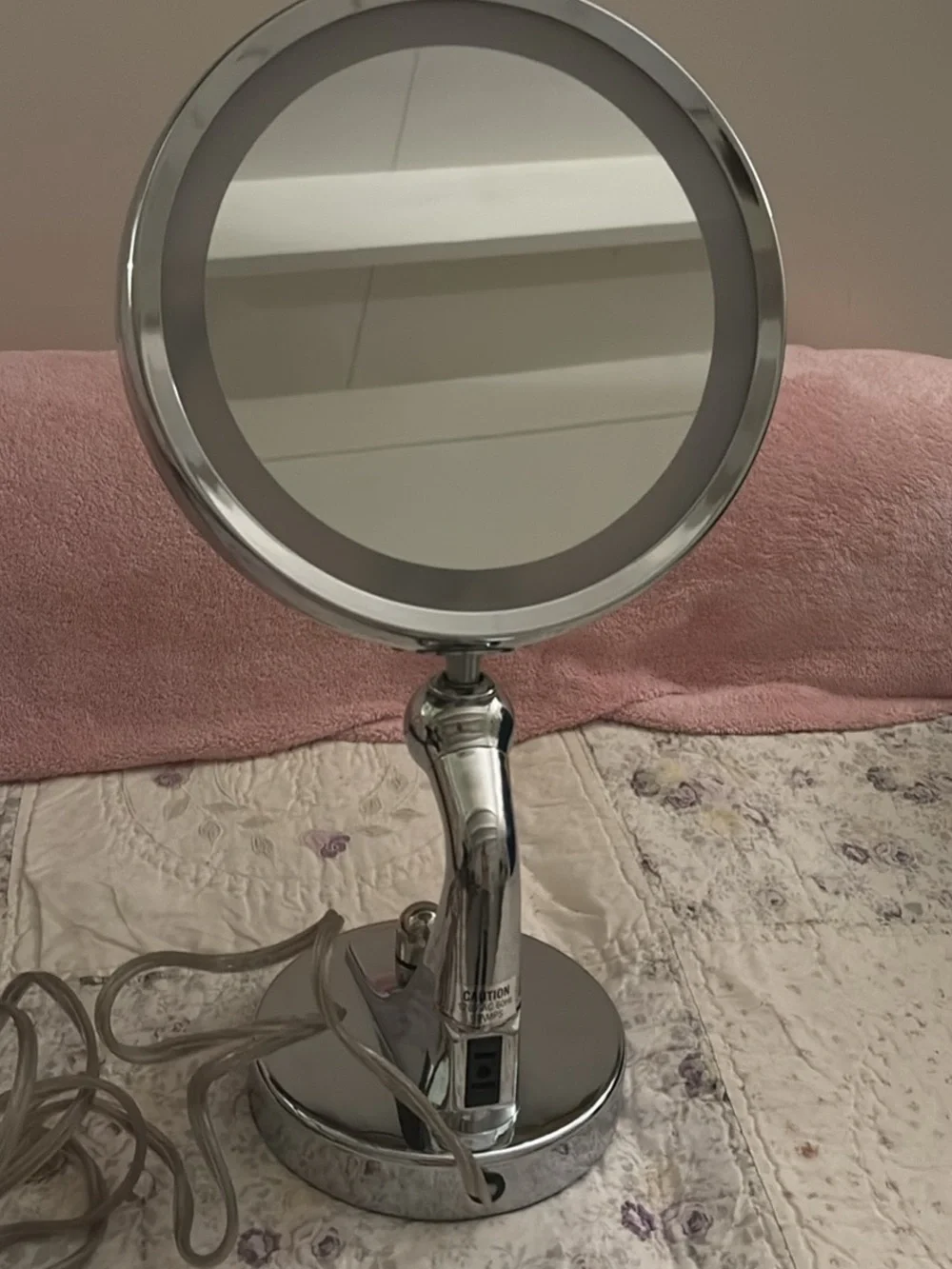 Polished Silver Double-Sided Vanity Mirror with Swivel Stand . 18 “ tall 6” base